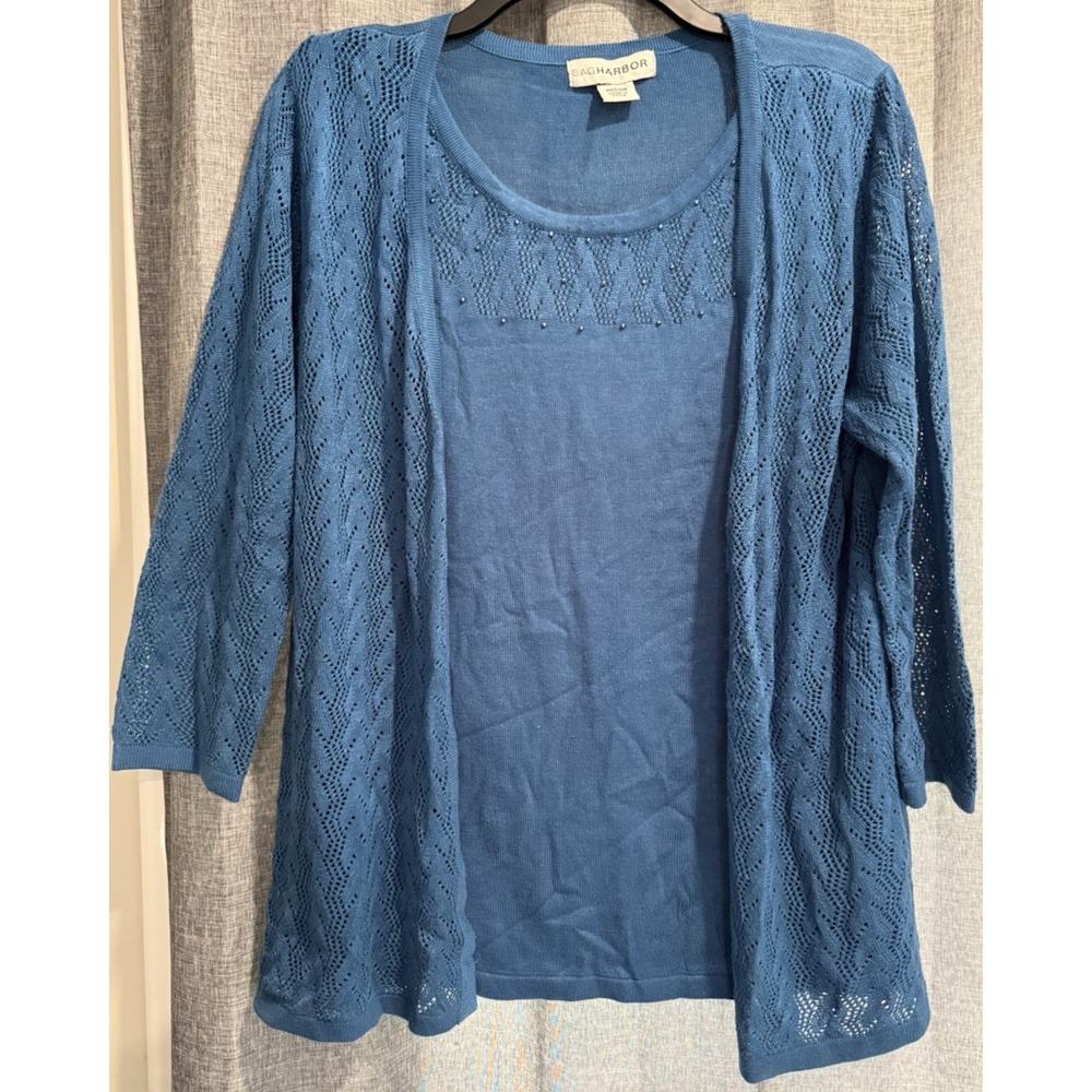 Sag Harbor Womens Size M Blue Cardigan‎ Beaded Top Combo 3/4 Sleeve Lightweight